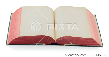 Open antique book showing blank aged pages, isolated on transparent background. Ideal for historical, educational, or design projects Open antique book showing blank aged pages, isolated on transparent background. Ideal for historical, educational, or design projects 139445185