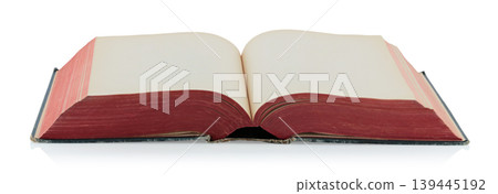 Open antique book showing blank aged pages, isolated on transparent background. Ideal for historical, educational, or design projects 139445192