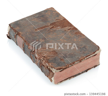 Old antique closed book with textured leather cover, isolated on transparent background. Vintage historical object perfect for education, religion, or literature concepts Old antique closed book with textured leather cover, isolated on transparent background. Vintage historical object perfect for education, religion, or literature concepts 139445198