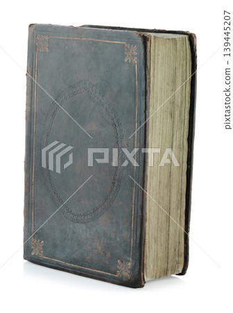 Old antique closed book with textured leather cover, isolated on transparent background. Vintage historical object perfect for education, religion, or literature concepts Old antique closed book with textured leather cover, isolated on transparent background. Vintage historical object perfect for education, religion, or literature concepts 139445207