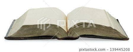 Open antique book showing blank aged pages, isolated on transparent background. Ideal for historical, educational, or design projects Open antique book showing blank aged pages, isolated on transparent background. Ideal for historical, educational, or design projects 139445208