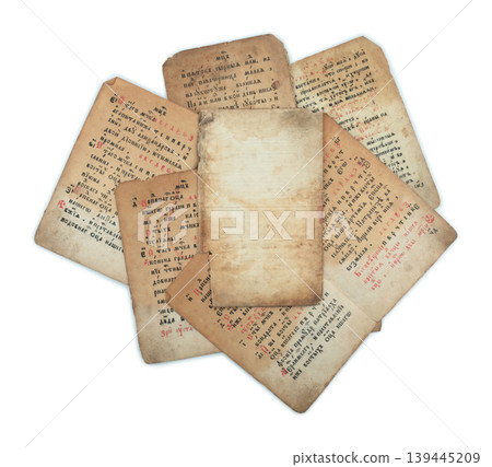 Old vintage ancient paper sheets with textured surface, isolated on transparent background. Ideal for design, history, or education concepts 139445209
