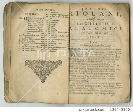 Antique medical book, paper or ancient info of content page in medicine study index, note or vintage history guide. Latin language, biology healing or manual script of healthcare education literature Antique medical book, paper or ancient info of content page in medicine study index, note or vintage history guide. Latin language, biology healing or manual script of healthcare education literature 139445360