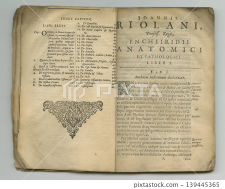 Medical book, antique and literature study of medicine information, historical research archive or health care wisdom. Latin language, science history textbook and memo of healthcare article notes 139445365