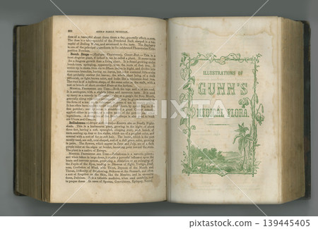 Old book, vintage and pages of biology, antique manuscript or medical scriptures in ancient literature against a studio background. Closeup of historical novel, journal or guide on healthcare history 139445405