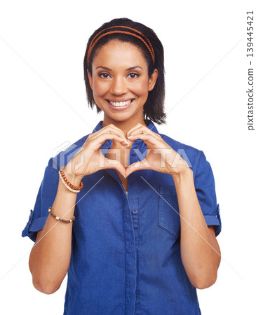 Happy, heart hands or portrait of black woman with love for care, health or valentines day in studio. Smile, white background or African lady with gesture or thank you sign for hope, support or peace Happy, heart hands or portrait of black woman with love for care, health or valentines day in studio. Smile, white background or African lady with gesture or thank you sign for hope, support or peace 139445421