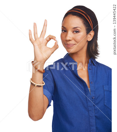 Studio, portrait or black woman with okay hand sign for support, agreement or feedback. Review, face or happy person on white background with smile or perfect gesture for approval, like or yes Studio, portrait or black woman with okay hand sign for support, agreement or feedback. Review, face or happy person on white background with smile or perfect gesture for approval, like or yes 139445422