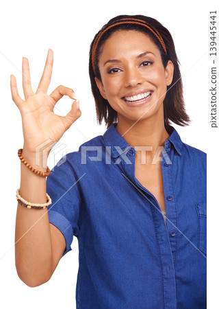 Review, portrait or happy woman with perfect hand gesture for support, agreement or good feedback. White background, smile or African lady in studio with vote or okay sign for approval, like or yes Review, portrait or happy woman with perfect hand gesture for support, agreement or good feedback. White background, smile or African lady in studio with vote or okay sign for approval, like or yes 139445441