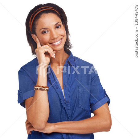 Woman, portrait and confident in studio for fashion or clothes, casual look or mockup. Female person, model and face or hand for happy pose for relax weekend outfit, good mood or white background Woman, portrait and confident in studio for fashion or clothes, casual look or mockup. Female person, model and face or hand for happy pose for relax weekend outfit, good mood or white background 139445478