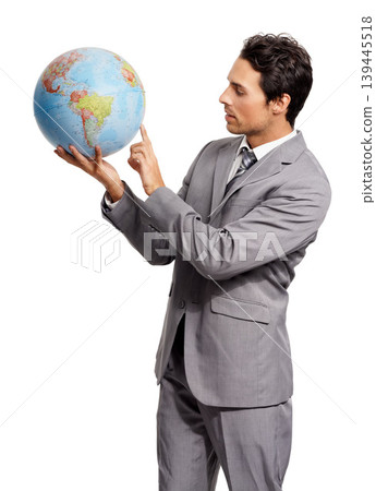 Business man on globe, choice to travel or worldwide destination isolated onwhite studio background. Vacation, professional suit and agent pointing at earth map for geography or international journey Business man on globe, choice to travel or worldwide destination isolated onwhite studio background. Vacation, professional suit and agent pointing at earth map for geography or international journey 139445518