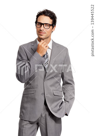 Portrait, thinking and business man in studio with glasses, gesture or idea on white background. Why, ask and face of male entrepreneur with questions, problem solving or brainstorming solution plan 139445522
