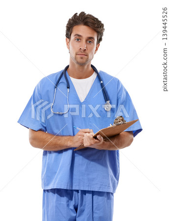 Man, doctor and portrait with documents in studio for medical checklist, assessment and consultation. Professional or healthcare nurse writing notes with clipboard for services on a white background Man, doctor and portrait with documents in studio for medical checklist, assessment and consultation. Professional or healthcare nurse writing notes with clipboard for services on a white background 139445526