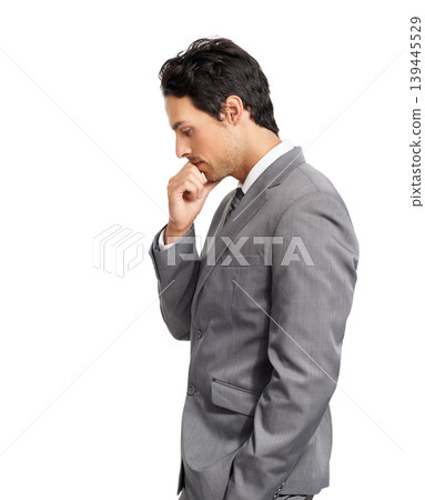 Business man, doubt and thinking in studio of choice, problem solving and brainstorming idea on mockup white background. Profile, serious worker or dream of decision, solution or insight of questions Business man, doubt and thinking in studio of choice, problem solving and brainstorming idea on mockup white background. Profile, serious worker or dream of decision, solution or insight of questions 139445529