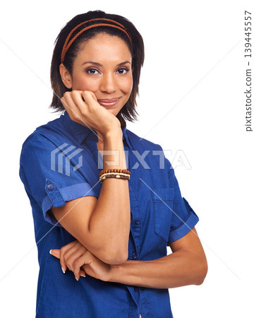 Woman, portrait and hand for confident in studio fashion or clothes style, casual look or mockup. Female person, model and face for happy pose for relax weekend outfit, good mood or white background Woman, portrait and hand for confident in studio fashion or clothes style, casual look or mockup. Female person, model and face for happy pose for relax weekend outfit, good mood or white background 139445557