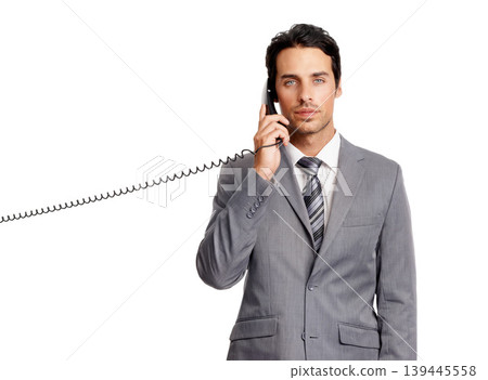 Portrait, business man and telephone conversation, listen and communication. Face, professional speaking on landline and chat, serious and lawyer isolated on a white studio background mockup space 139445558