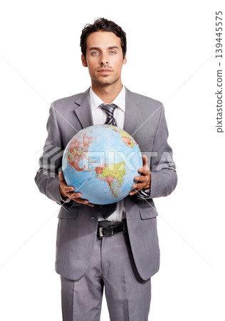 Portrait, business man and globe, planet or worldwide travel agent isolated on a white studio background. Vacation, professional suit and earth map for geography, international journey and serious Portrait, business man and globe, planet or worldwide travel agent isolated on a white studio background. Vacation, professional suit and earth map for geography, international journey and serious 139445575