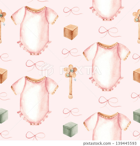 Watercolor baby girl seamless pattern with onesie or bodysuit, pink bows and wooden toys. Hand drawn illustration on a pink background. Suitable for fabric, textile, wallpaper, wrapping paper and baby Watercolor baby girl seamless pattern with onesie or bodysuit, pink bows and wooden toys. Hand drawn illustration on a pink background. Suitable for fabric, textile, wallpaper, wrapping paper and baby 139445593