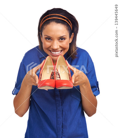 High heel shoes, fashion portrait and excited woman with retail deal, gift present or shopping spree sales. Studio, commercial choice or shopaholic customer with boutique footwear on white background 139445649