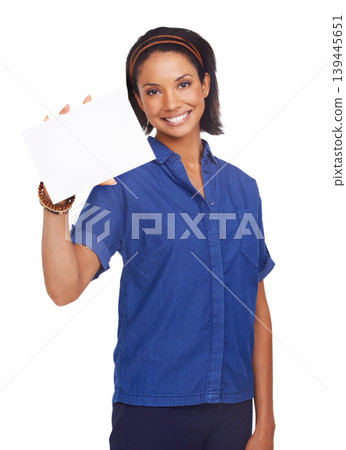 Woman, portrait and poster mockup in studio for information, advertising or white background. Female person, face and board placard for presentation or announcement promotion, news or communication Woman, portrait and poster mockup in studio for information, advertising or white background. Female person, face and board placard for presentation or announcement promotion, news or communication 139445651