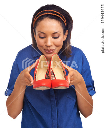 High heel shoes, studio fashion and happy woman with retail deal, discount or sales product from shopping spree. Chic style, commercial choice and customer with boutique footwear on white background High heel shoes, studio fashion and happy woman with retail deal, discount or sales product from shopping spree. Chic style, commercial choice and customer with boutique footwear on white background 139445655