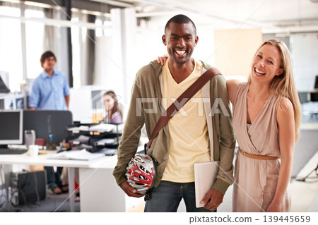 Portrait, hug and business people with man, woman and funny with teamwork, creative agency and partnership. Smile, manager and employees with cooperation, embrace and collaboration in a workplace Portrait, hug and business people with man, woman and funny with teamwork, creative agency and partnership. Smile, manager and employees with cooperation, embrace and collaboration in a workplace 139445659