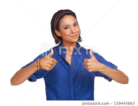 Woman, thumbs up and portrait in studio for agreement or good news, support or vote yes. Female person, face and hand gesture on white background for mockup space as winning results, approval or like Woman, thumbs up and portrait in studio for agreement or good news, support or vote yes. Female person, face and hand gesture on white background for mockup space as winning results, approval or like 139445663