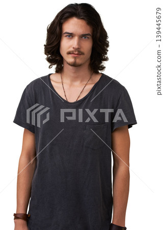Fashion portrait, shirt and studio man with casual outfit, trendy style or confident in hipster apparel, attire and cotton fabric. Clothes, aesthetic and stylish person isolated on white background 139445679