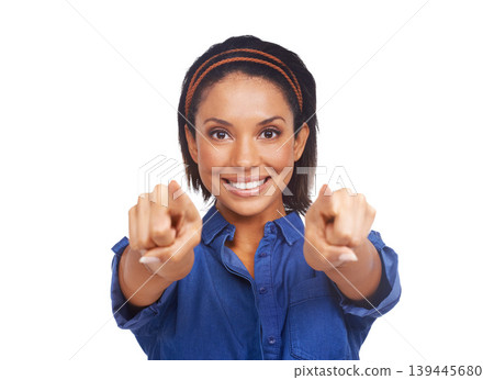 Studio portrait, happy woman and pointing at you, choice or decision for promotion winner, selection or volunteer. Face, hand gesture and person smile for recruitment isolated on white background Studio portrait, happy woman and pointing at you, choice or decision for promotion winner, selection or volunteer. Face, hand gesture and person smile for recruitment isolated on white background 139445680