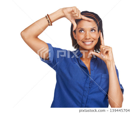 Woman, hands and framing face in studio for perspective photography, inspiration or white background. Female person, model and fingers border for happy capture on mockup space, confident or picture Woman, hands and framing face in studio for perspective photography, inspiration or white background. Female person, model and fingers border for happy capture on mockup space, confident or picture 139445704