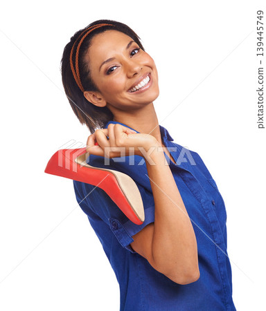 High heel shoes, fashion portrait and happy woman with retail deal, studio discount or sales product from shopping spree. Style, commercial or customer smile for boutique footwear on white background 139445749