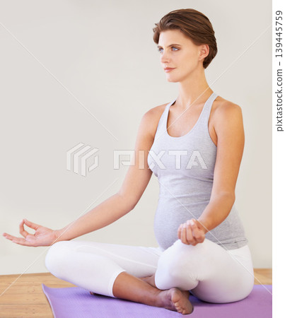 Fitness, pregnant and woman with meditation, yoga and exercise with workout goal, home and breathing. Apartment, person and girl with self care, pregnancy and peaceful with wellness, calm and lotus Fitness, pregnant and woman with meditation, yoga and exercise with workout goal, home and breathing. Apartment, person and girl with self care, pregnancy and peaceful with wellness, calm and lotus 139445759