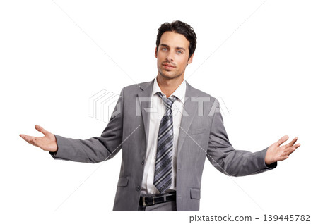 Portrait, confused and business man with why hands in studio for solution on white background. Questions, face and male entrepreneur with ask emoji, gesture or body language for palm scale balance Portrait, confused and business man with why hands in studio for solution on white background. Questions, face and male entrepreneur with ask emoji, gesture or body language for palm scale balance 139445782