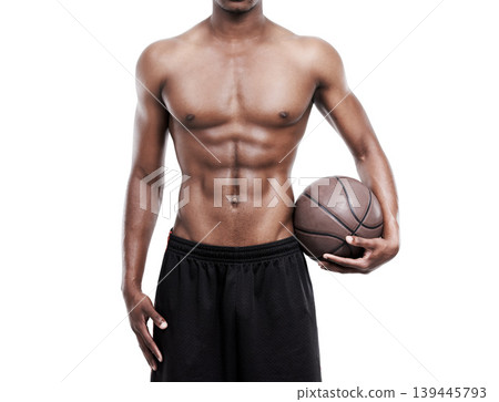 Man, basketball player and shirtless for exercise, game and standing on white background, concentration or training. Studio backdrop, young and sportsman for fitness, health and active athlete Man, basketball player and shirtless for exercise, game and standing on white background, concentration or training. Studio backdrop, young and sportsman for fitness, health and active athlete 139445793