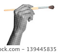 Hand holding a paintbrush like drawing, isolated on transparent background with vintage newspaper print texture. Concept of art, creativity and retro print media style 139445835