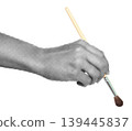 Hand holding a paintbrush like drawing, isolated on transparent background with vintage newspaper print texture. Concept of art, creativity and retro print media style 139445837