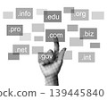 Hand pressing a virtual block with internet domain name, isolated on transparent background with vintage newspaper print texture. Concept of domain and website registration, network technology 139445840