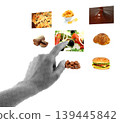 Hand pressing a virtual block with healthy food icons isolated on transparent background with vintage newspaper print texture. Concept of choosing healthy nutrition and balanced lifestyle 139445842
