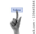 Hand pressing a virtual Follow button isolated on transparent background with vintage newspaper print texture. Concept of social media engagement, subscription and online communication 139445844