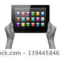Hands holding a tablet PC with app icons on the screen, isolated on transparent background with vintage newspaper print texture. Concept of mobile technology, apps and digital communication 139445846
