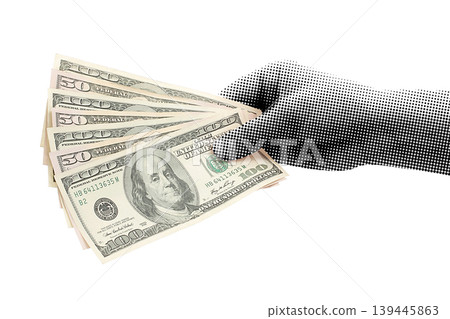 Hand holding USA dollar banknotes isolated on transparent background with vintage newspaper print texture. Concept of finance, cash payment, economy and business transaction Hand holding USA dollar banknotes isolated on transparent background with vintage newspaper print texture. Concept of finance, cash payment, economy and business transaction 139445863