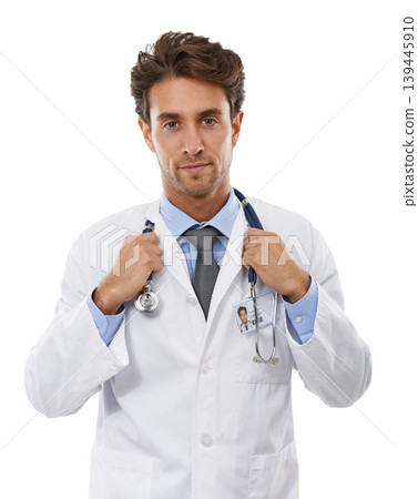 Doctor, man and portrait in studio with stethoscope, positive and pride in medical career. Specialist, smile and face of surgeon for medicine and healthcare employee for trust by white background Doctor, man and portrait in studio with stethoscope, positive and pride in medical career. Specialist, smile and face of surgeon for medicine and healthcare employee for trust by white background 139445910