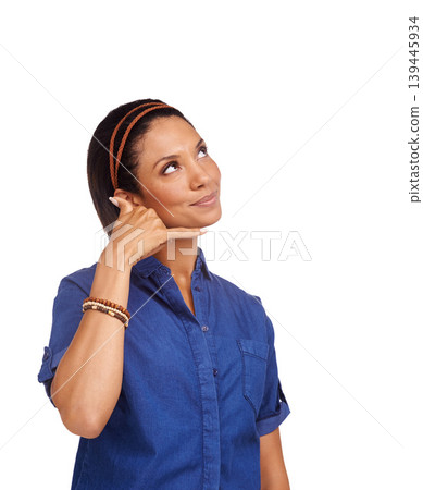 Studio woman, thinking and call me hand gesture for contact us, networking or communication plan, ideas or info. Emoji chat icon, mockup space or girl planning discussion isolated on white background Studio woman, thinking and call me hand gesture for contact us, networking or communication plan, ideas or info. Emoji chat icon, mockup space or girl planning discussion isolated on white background 139445934