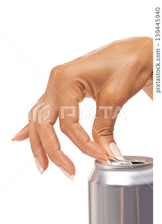 Hands, woman and open tin of soda, beer and fizzy cola beverage in studio on white background. Closeup, silver can and pull metal ring of container for drinking alcohol, cold liquid and sugar diet Hands, woman and open tin of soda, beer and fizzy cola beverage in studio on white background. Closeup, silver can and pull metal ring of container for drinking alcohol, cold liquid and sugar diet 139445940