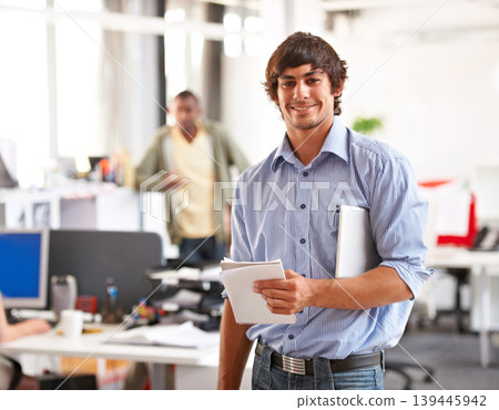 Businessman, portrait and happy with tablet in office, technology and career pride for startup. Entrepreneur, smile and face with touchscreen with job ambition, creative and relax wellness in company Businessman, portrait and happy with tablet in office, technology and career pride for startup. Entrepreneur, smile and face with touchscreen with job ambition, creative and relax wellness in company 139445942