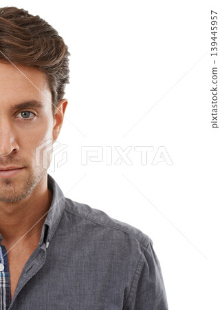 Portrait, serious professional and business man in studio isolated on a white background mockup space. Face, entrepreneur and confident employee, creative worker or young designer at startup in Spain 139445957