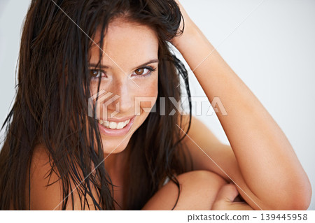 Hair care portrait, bath and happy woman washing, hygiene treatment and facial cleaning happiness for morning routine. Shampoo maintenance treatment, grooming or studio girl smile on white background 139445958