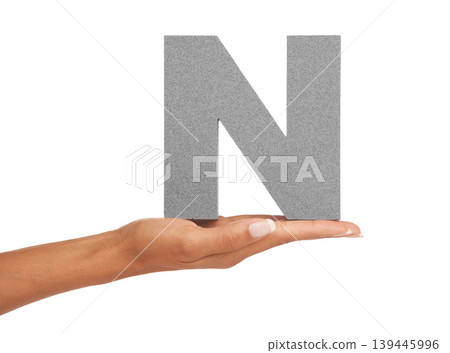 Woman, hand and letter N or alphabet in studio for advertising, learning or teaching presentation. Sign, font or character for abc, text and communication or grammar and symbol on white background Woman, hand and letter N or alphabet in studio for advertising, learning or teaching presentation. Sign, font or character for abc, text and communication or grammar and symbol on white background 139445996