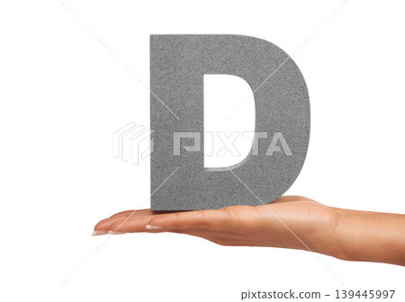 D, alphabet and hand with letter on a white background for spelling, language and message. English, communication and isolated sign, symbol and icon on palm in studio for learning, education and font 139445997