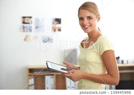 Woman, portrait and tablet for email communication, working employee and touchscreen. Copywriter, internet and wireless for connectivity, digital and office worker in workplace, surfing and web 139445998