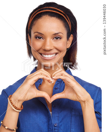 Smile, heart hands or portrait of black woman with love for care, health or valentines day in studio. Happy, white background or African lady with gesture or thank you sign for hope, support or peace Smile, heart hands or portrait of black woman with love for care, health or valentines day in studio. Happy, white background or African lady with gesture or thank you sign for hope, support or peace 139446030